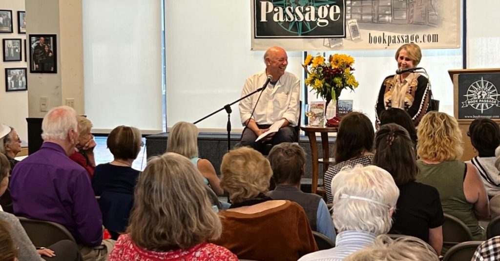 Author Eddy Ancinas in conversation with Don George during her book launch for "Tracing Inca Trails" at Book Passage in Corte Madera, CA