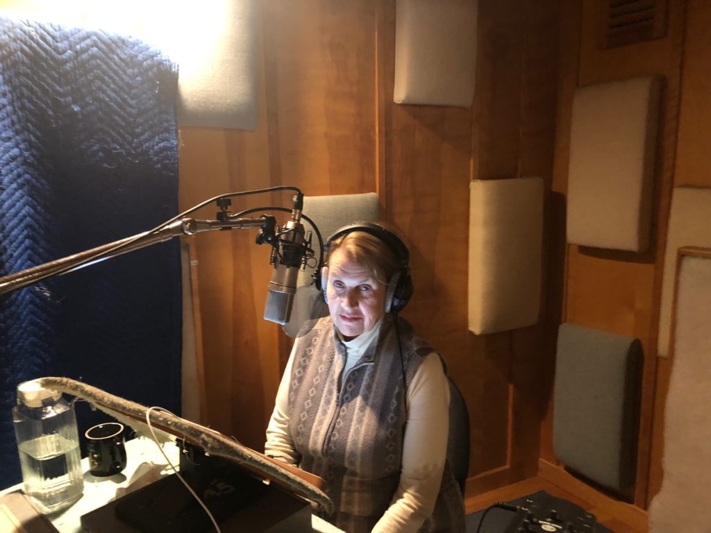 Eddy Ancinas in the studio recording her audiobook version of "Squaw Valleys & Alpine Meadows: Tales from Two Valleys" 